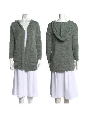 Cynthia Rowley Open Front Long Cardigan Womens Sz S Sage Green Soft Fuzzy Hooded